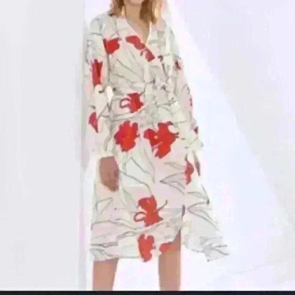 Bohemian floral print gathered waist collar summer flared long sleeve dress M
